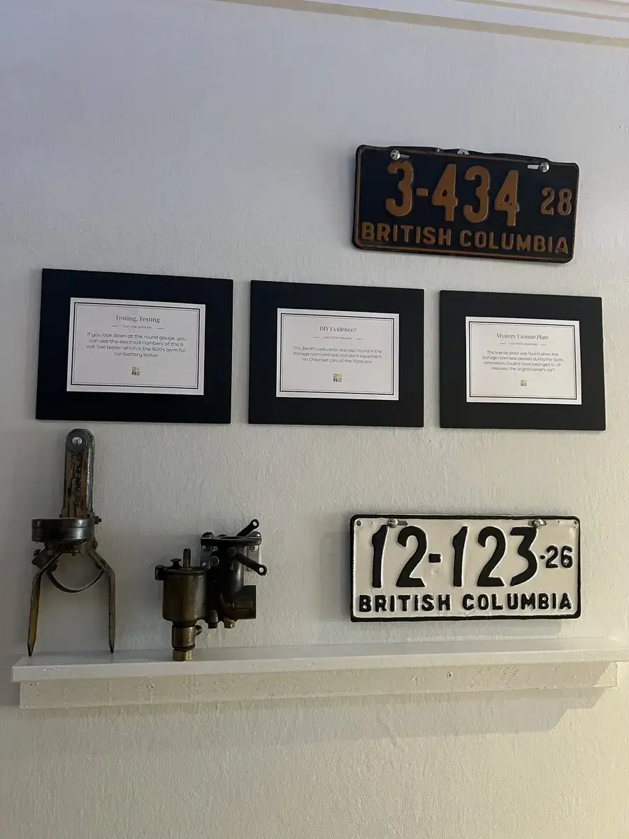 1920s BC license plates and car parts on display