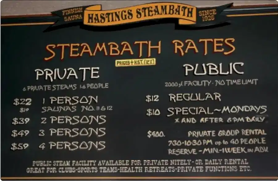 Original Hasting Steambath rates chalkboard