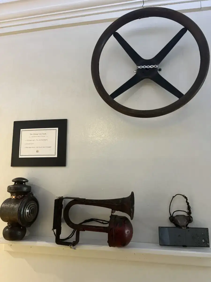 Antique wooden steering wheel, carriage light and truck horn