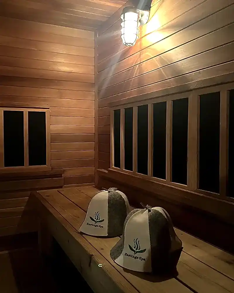 Hastings Spa sauna hats on cedar bench